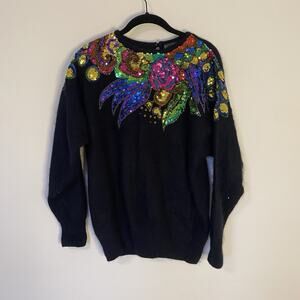Vintage Beaded Sequin Silk Angora‎ Wool Blend Floral Black Fuzzy Sweater Size L